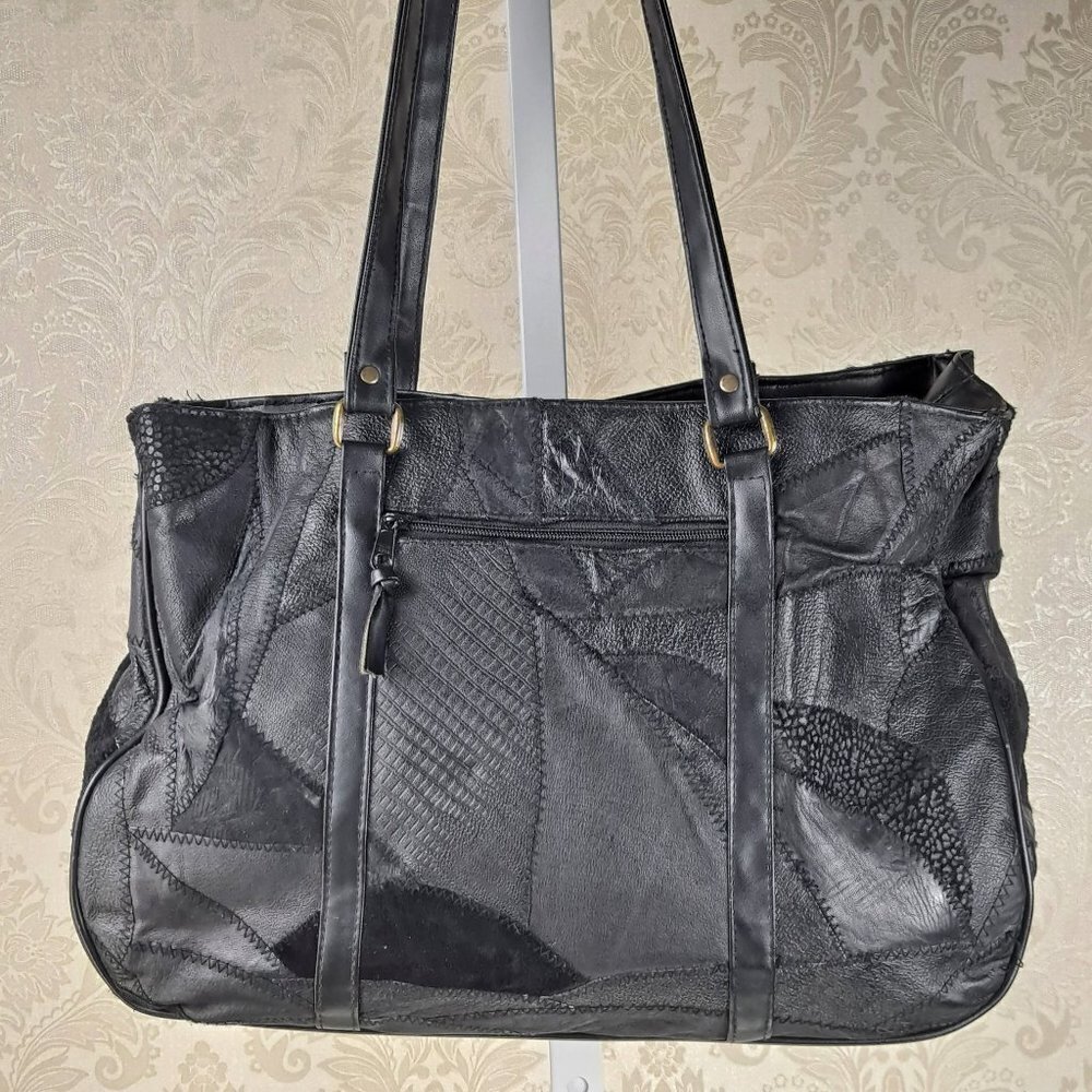 Genuine Black Leather Patchwork Double Handled Sh… - image 4
